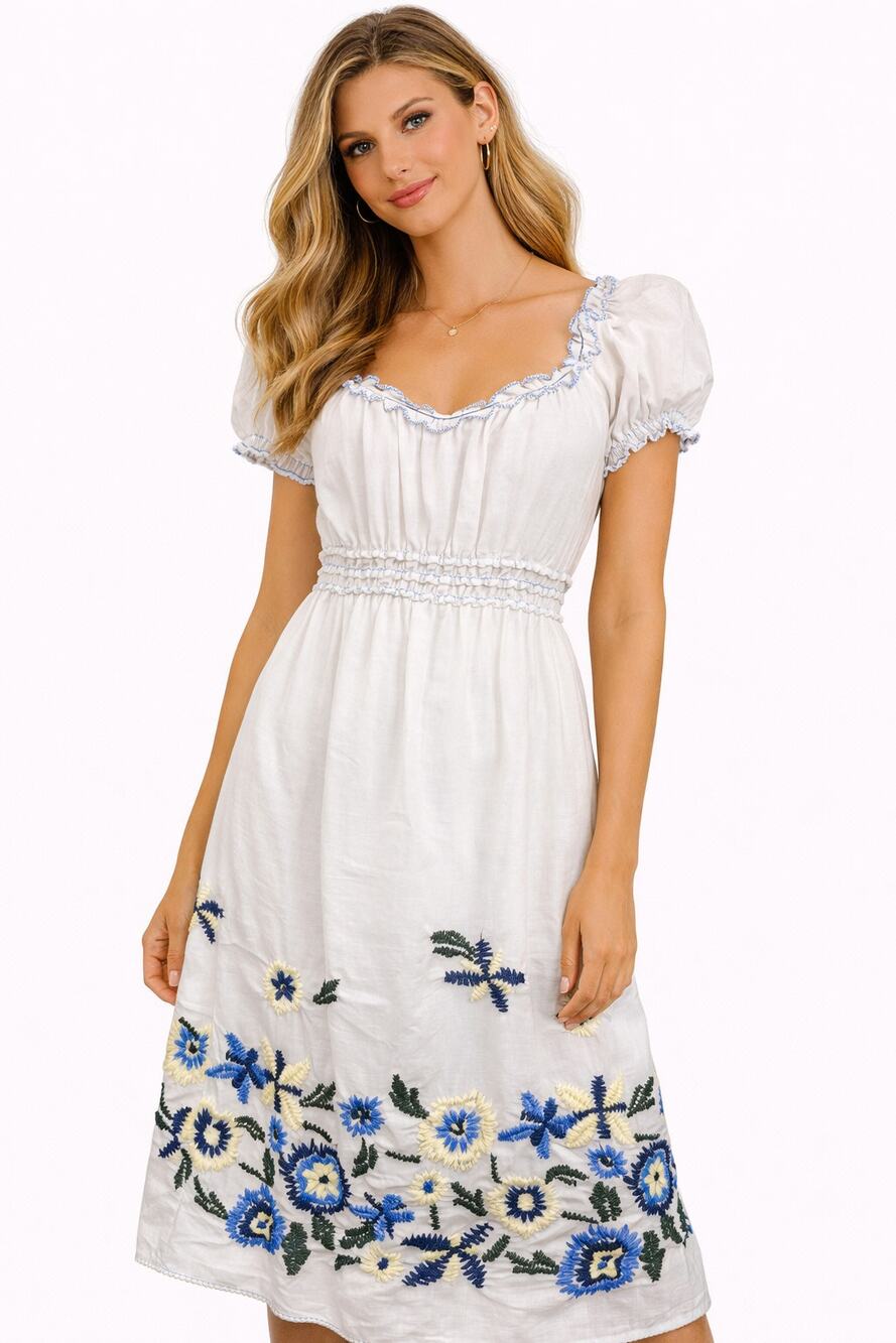 Sophie Max White Blue Floral Embroidered Smocked Midi Dress Cottagecore XS